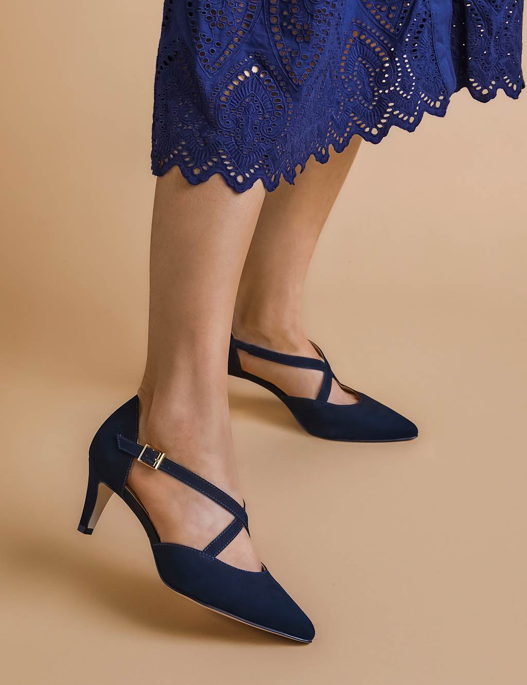 Leather Metallic Strappy Kitten Heel Pointed Court Shoes