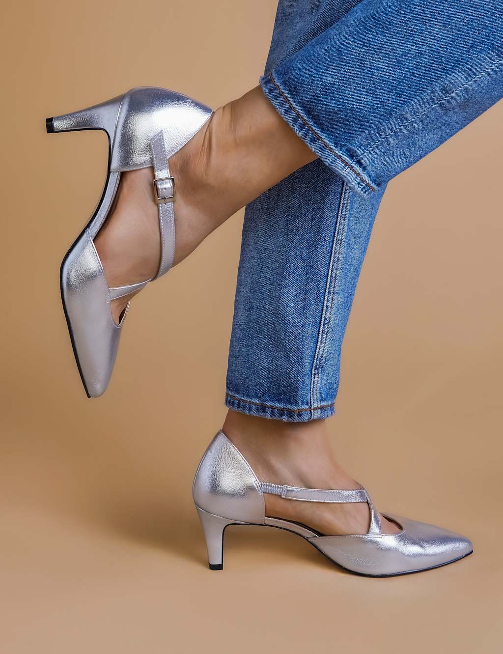 Leather Metallic Strappy Kitten Heel Pointed Court Shoes