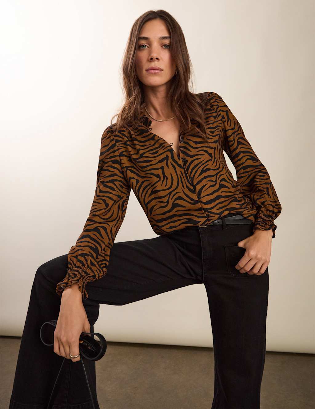 BAUKJEN Animal Print Frill Neck Blouse Dark Brown