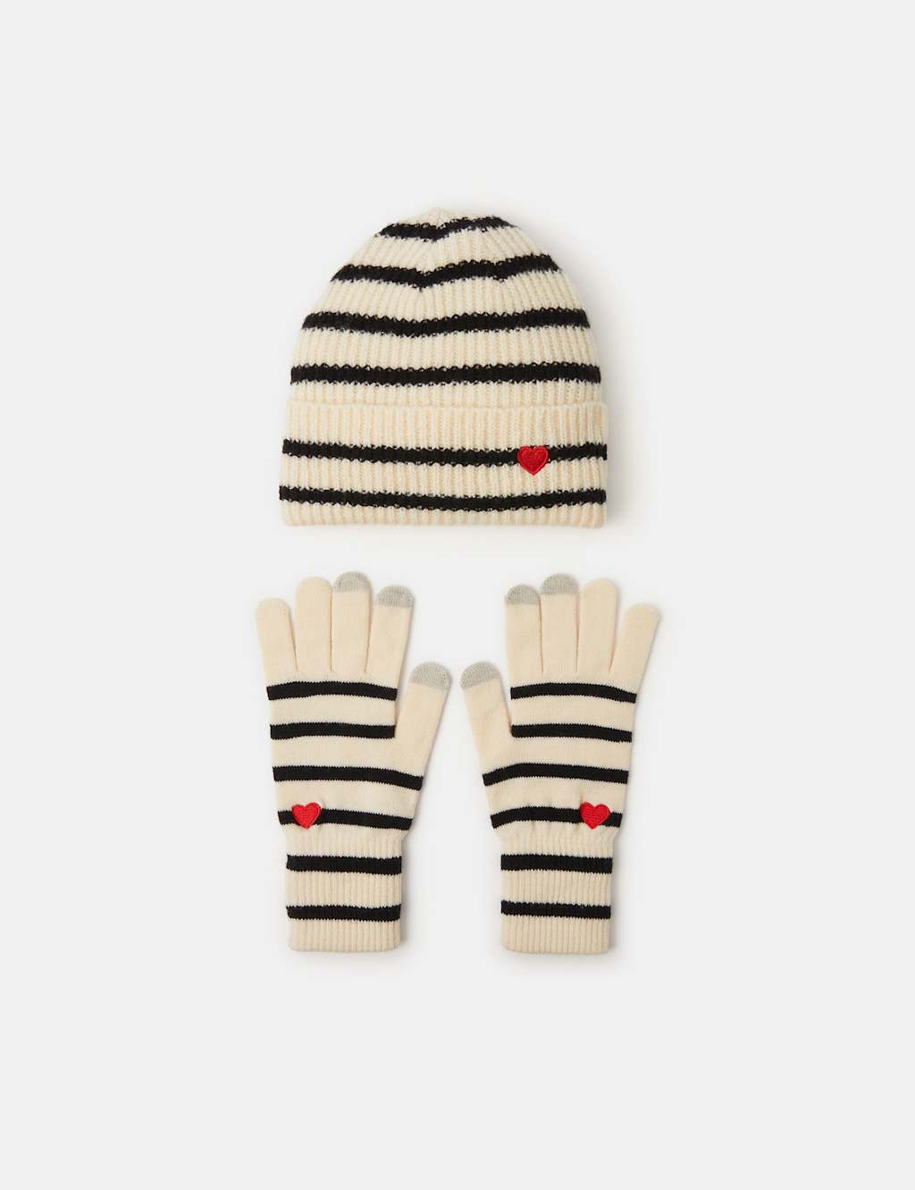 ACCESSORIZE Knitted Striped Heart Hat & Gloves Gift Set White/Black
