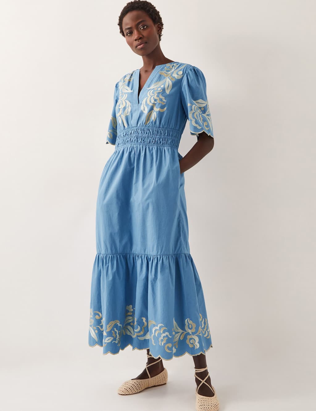 Pure Cotton Embroidered Midi Waisted Dress
