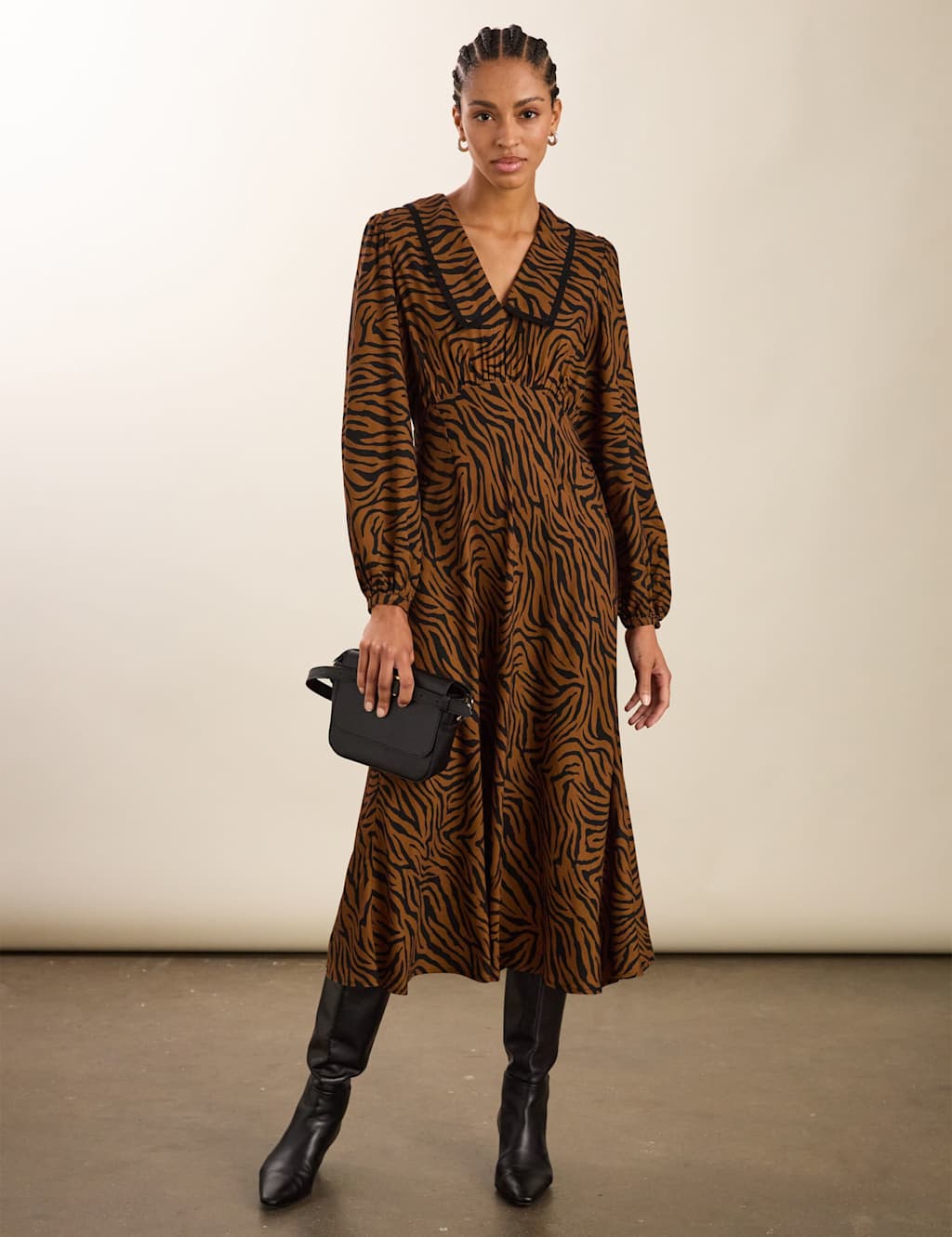 BAUKJEN Animal Print Collared Midi Skater Dress Dark Brown