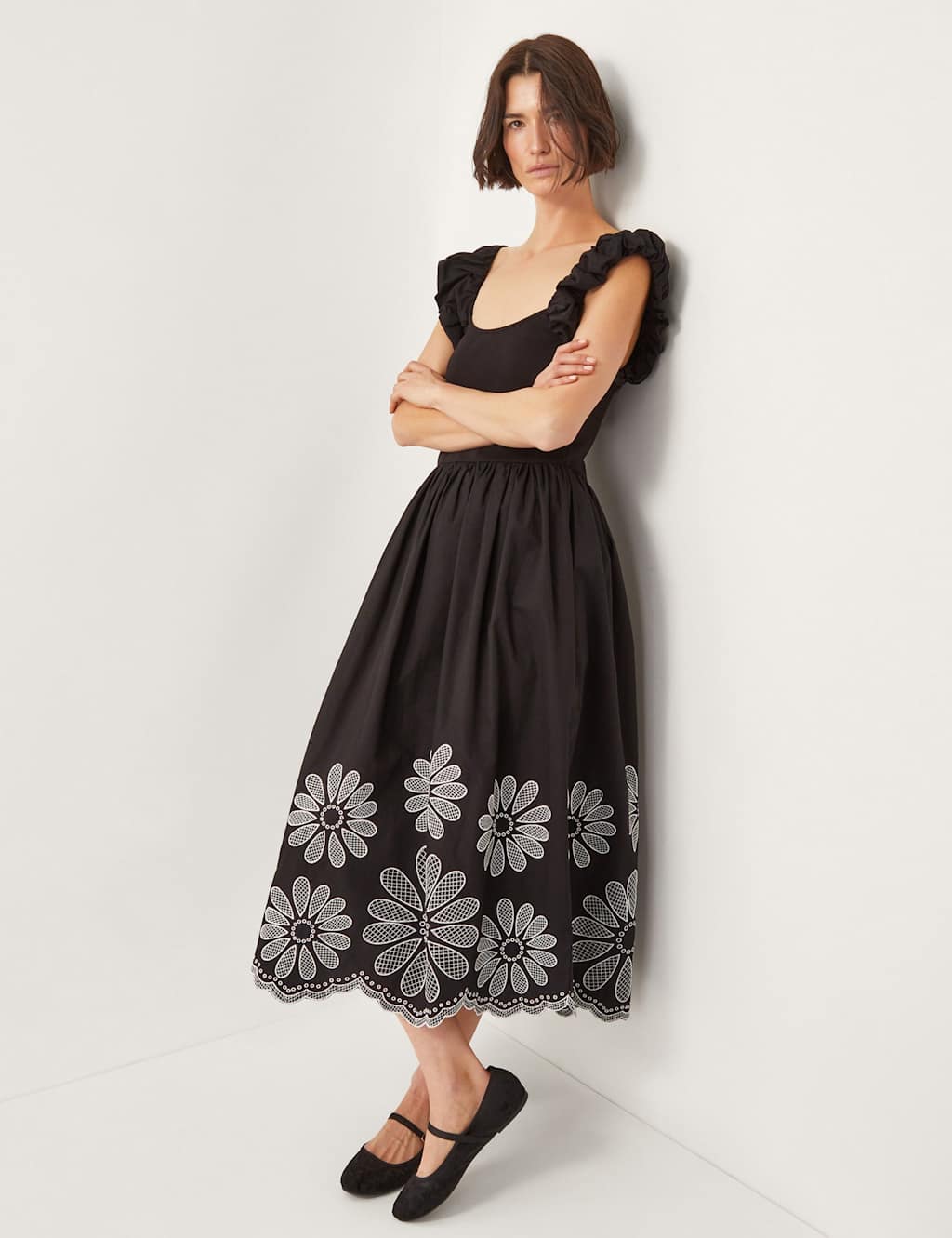 Cotton Rich Embroidered Midi Waisted Dress