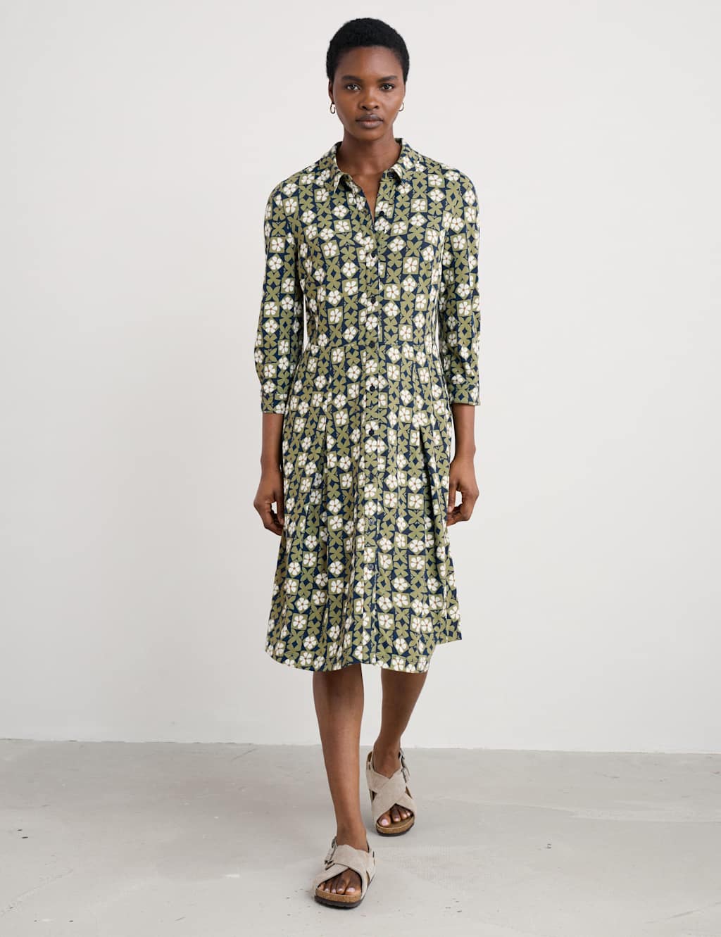 Seasalt Cornwall Cotton Rich Floral Knee Length Shirt Dress Green Mix