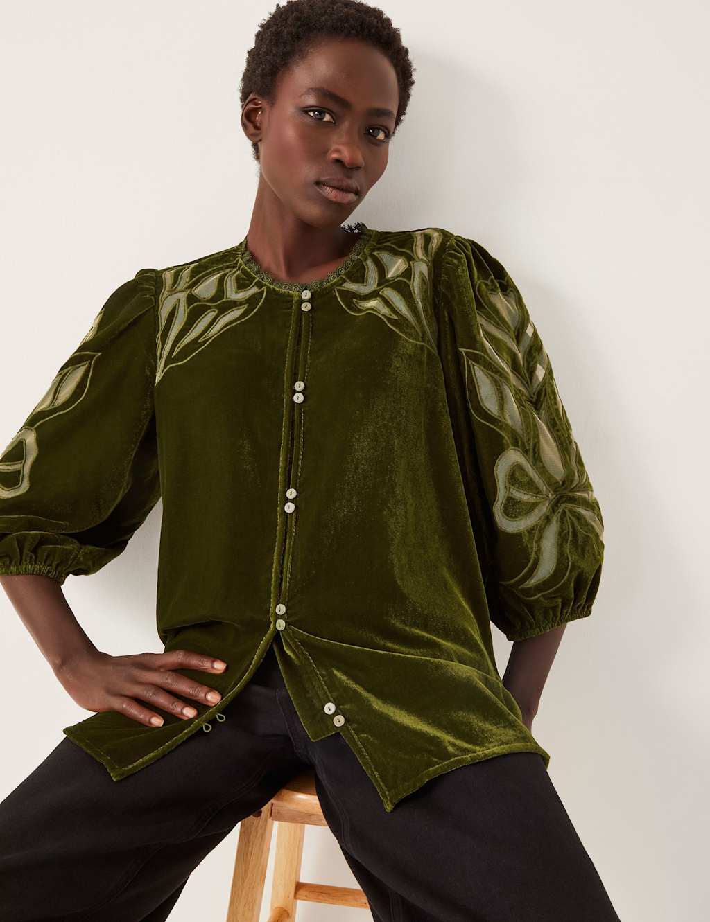 Monsoon Velvet Floral Embroidered Lace Collar Blouse Green