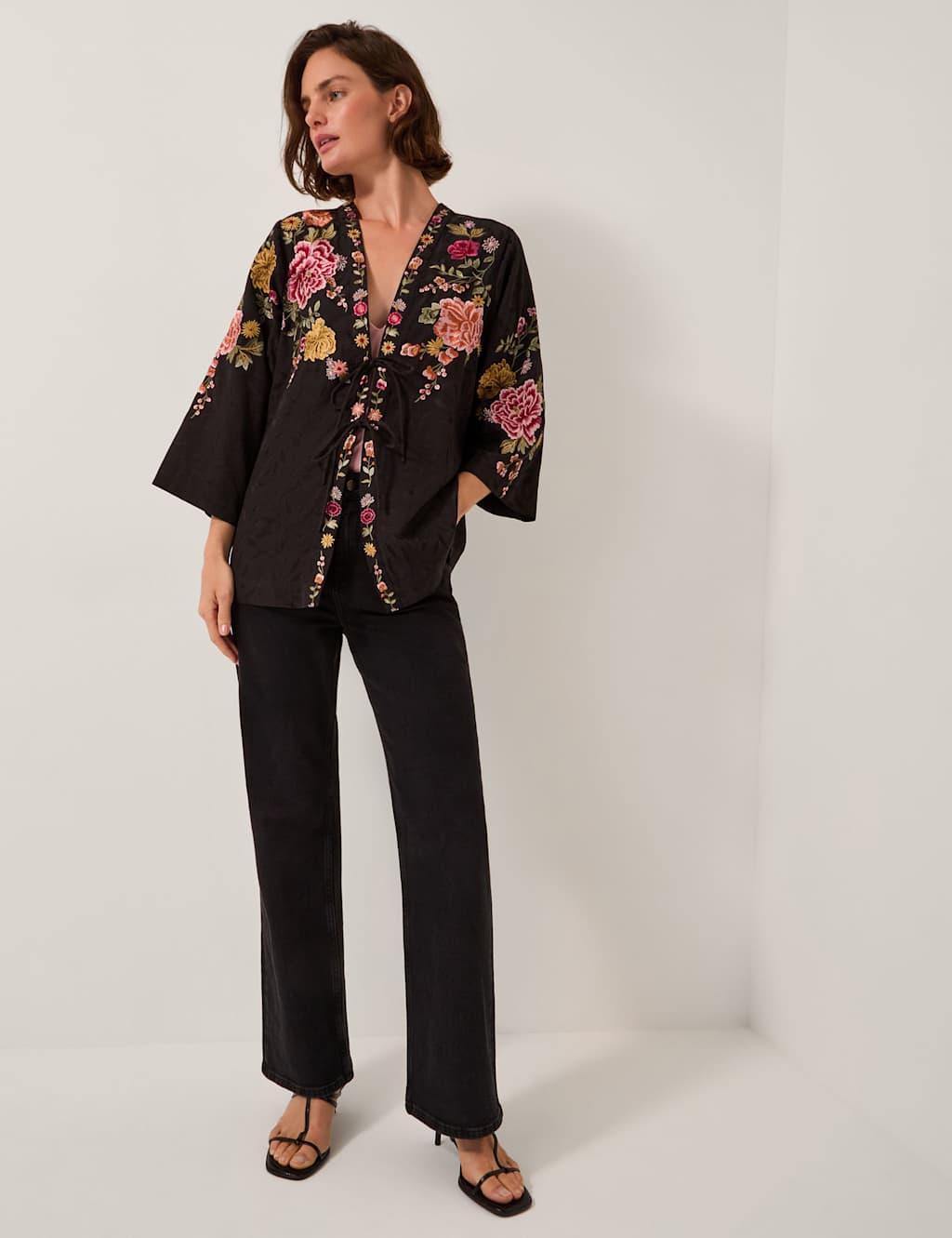 Monsoon Cotton Blend Embroidered Kimono Jacket Black Mix
