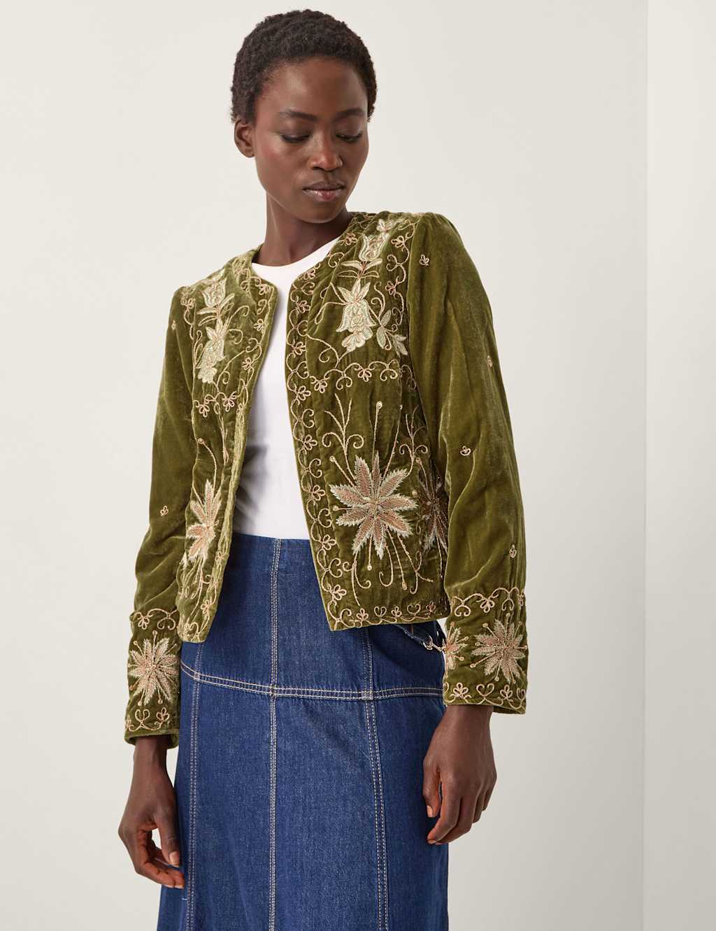 Monsoon Velvet Collarless Embroidered Jacket Khaki