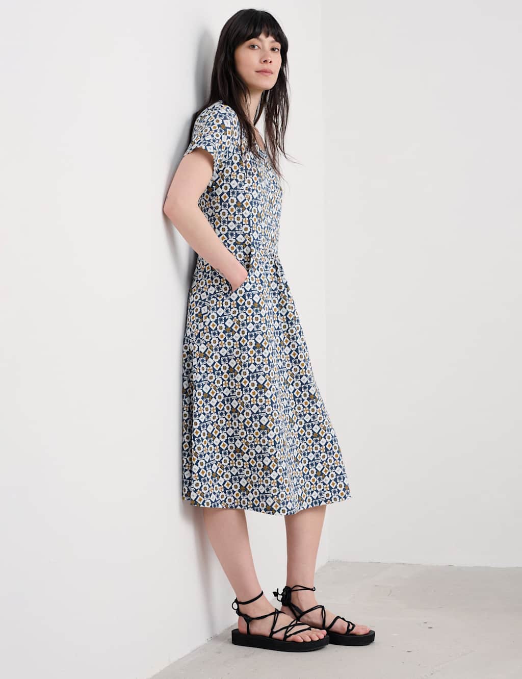 Seasalt Cornwall Pure Cotton Printed Scoop Neck Skater Dress Blue Mix