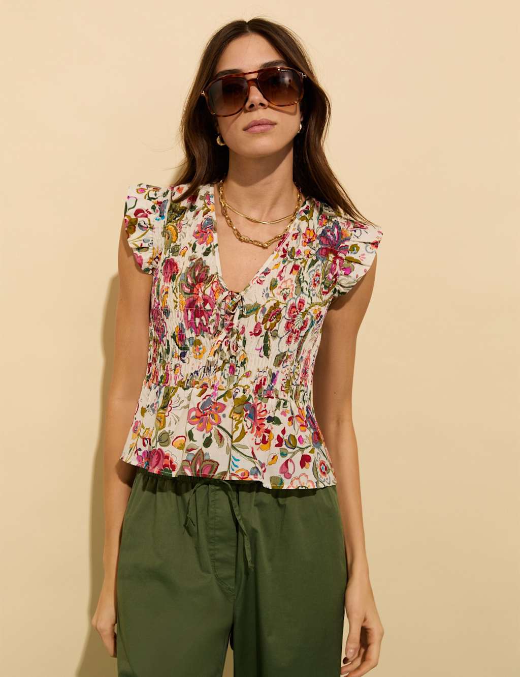 Pure Cotton Floral V-Neck Smocked Blouse