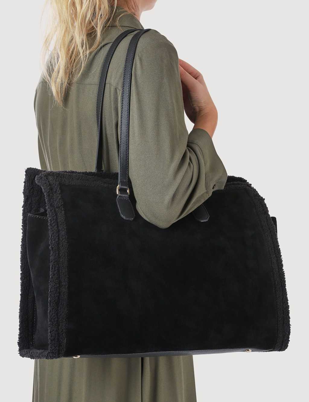 Jones Bootmaker Leather Fur Trim Shoulder Bag Black