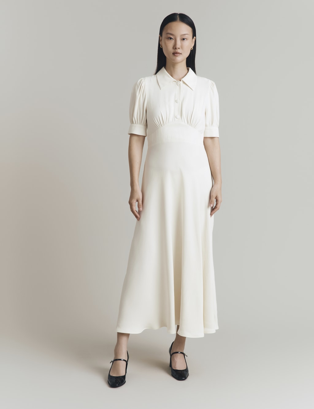 Crepe Puff Sleeve Midi Tea Dress