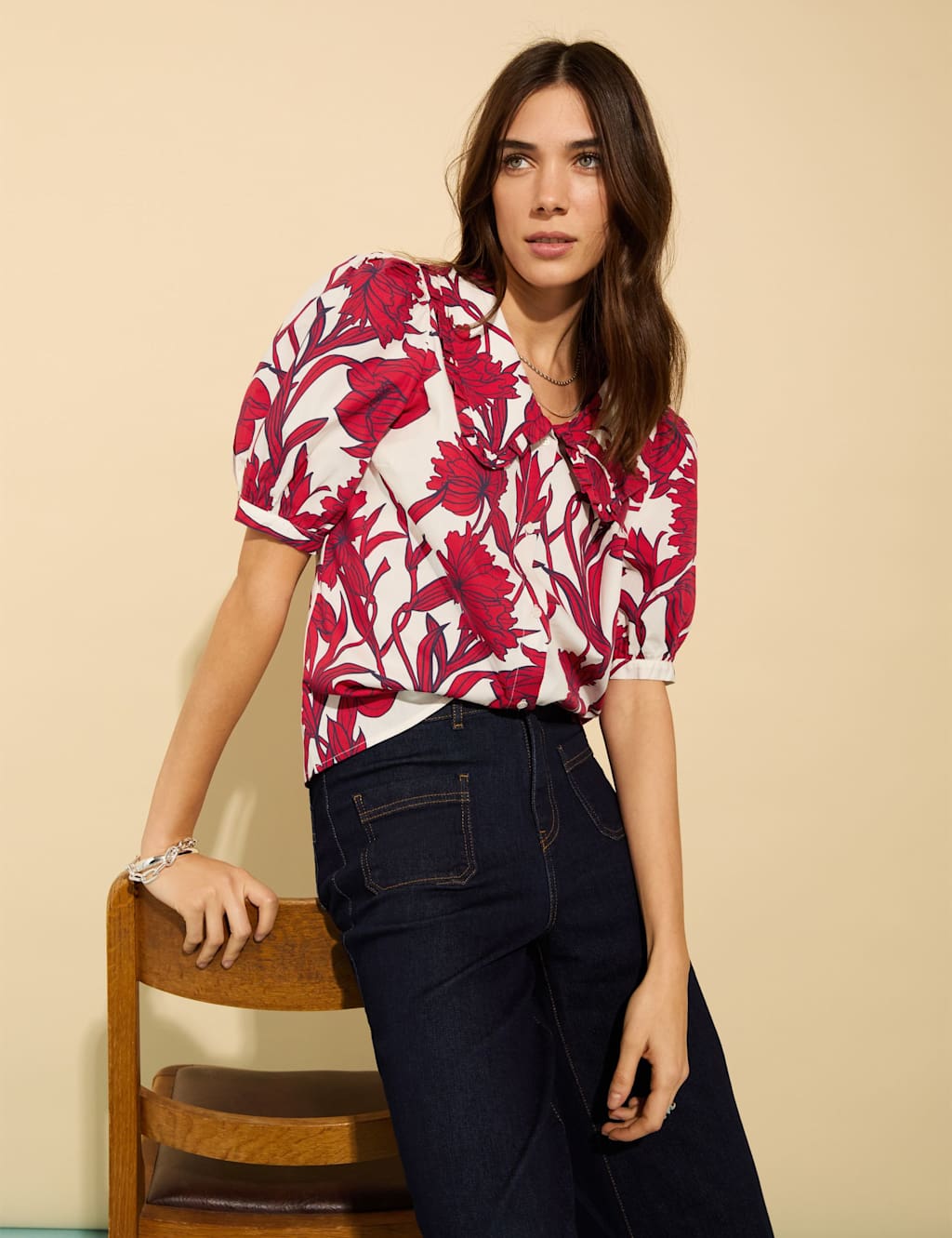 Pure Cotton Floral Collared Puff Sleeve Blouse