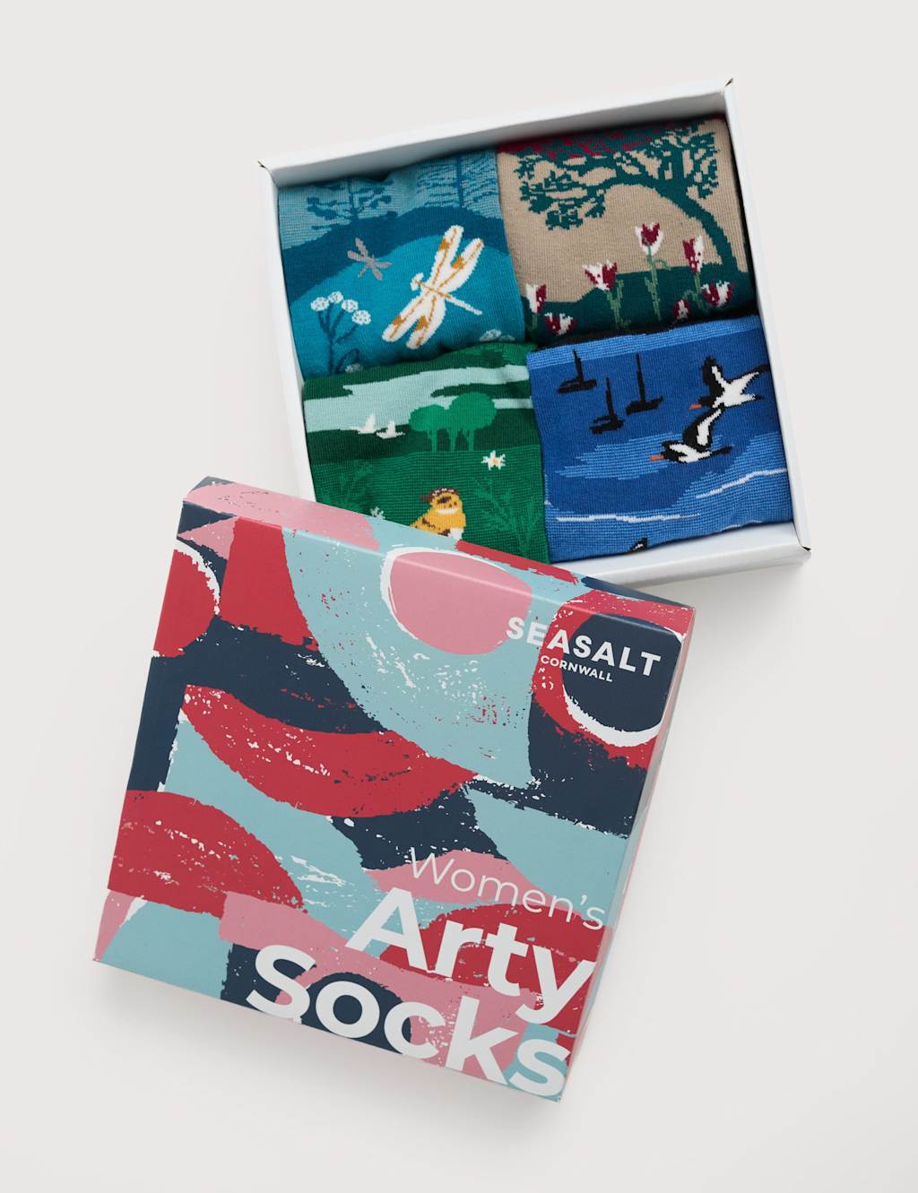 Seasalt Cornwall 4pk Cotton Rich Scenic Art Socks Gift Box Teal Mix