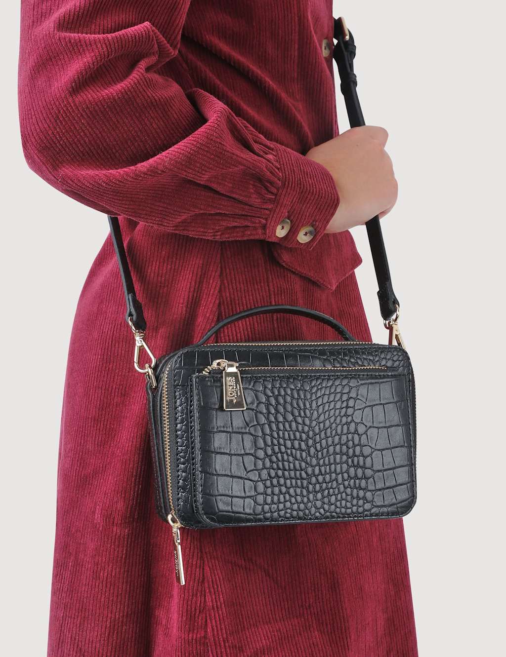 Jones Bootmaker Adjustable Leather Zip Shoulder Bag Black Mix