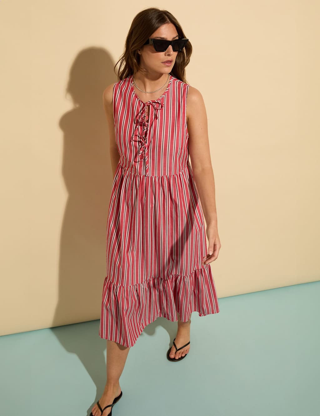 Pure Cotton Striped Midi Tiered Dress