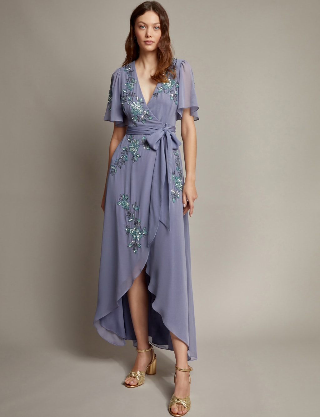 Embroidered V-Neck Maxi Wrap Dress