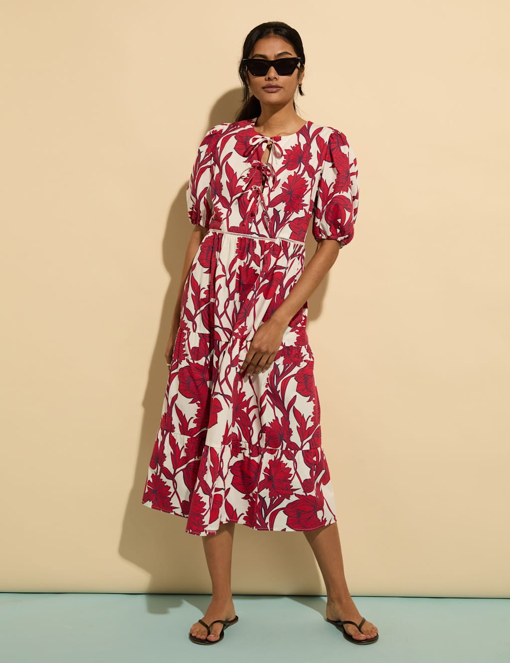 Pure Cotton Floral Tie Detail Midi Dress