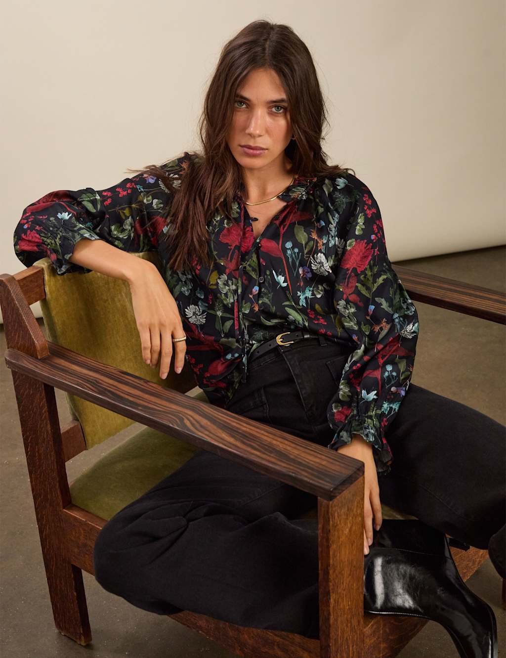 BAUKJEN Floral Frill Neck Blouse Black Mix