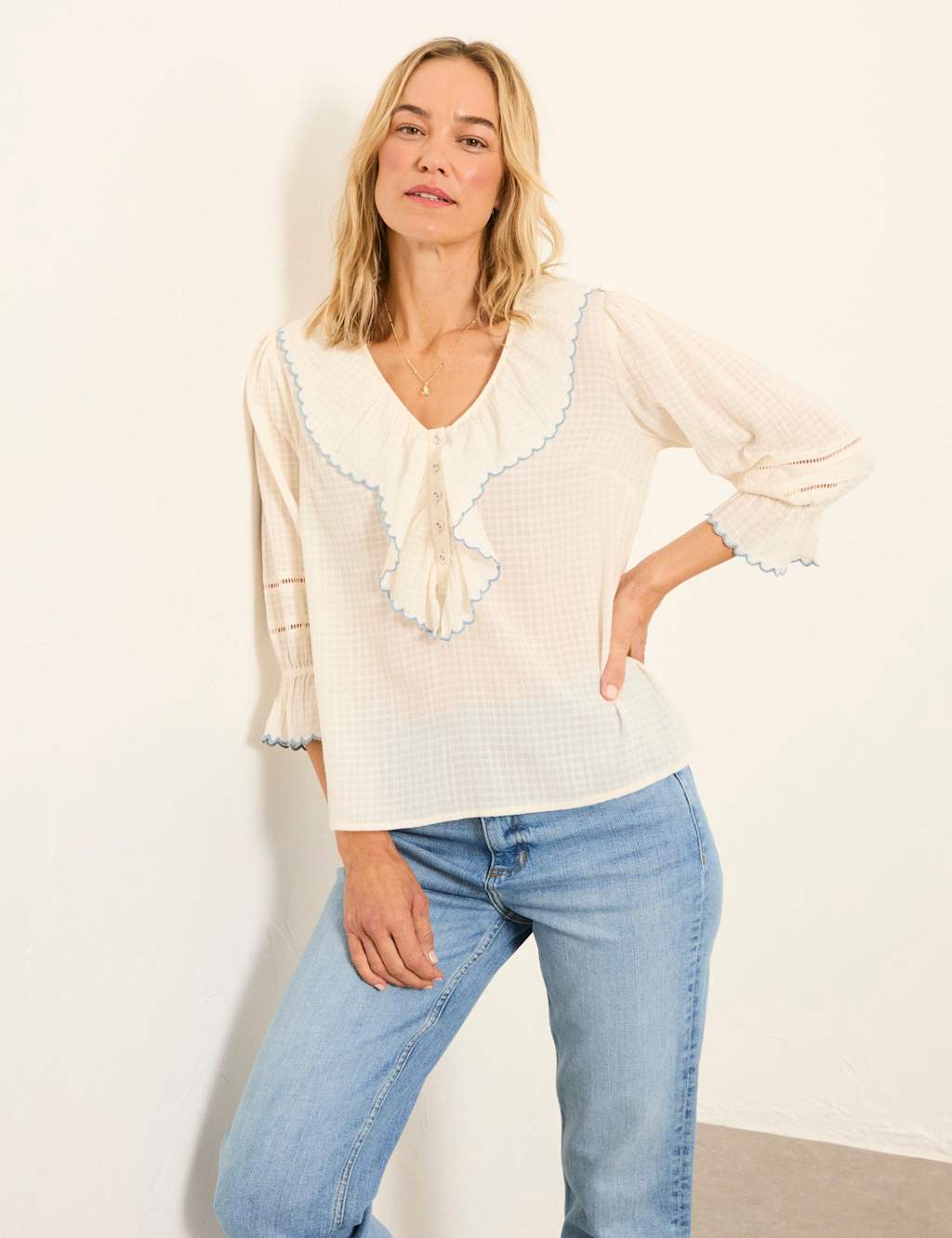 Fatface Women's Pure Cotton Broderie V-Neck Blouse - 18 - White Mix - Available at M&S