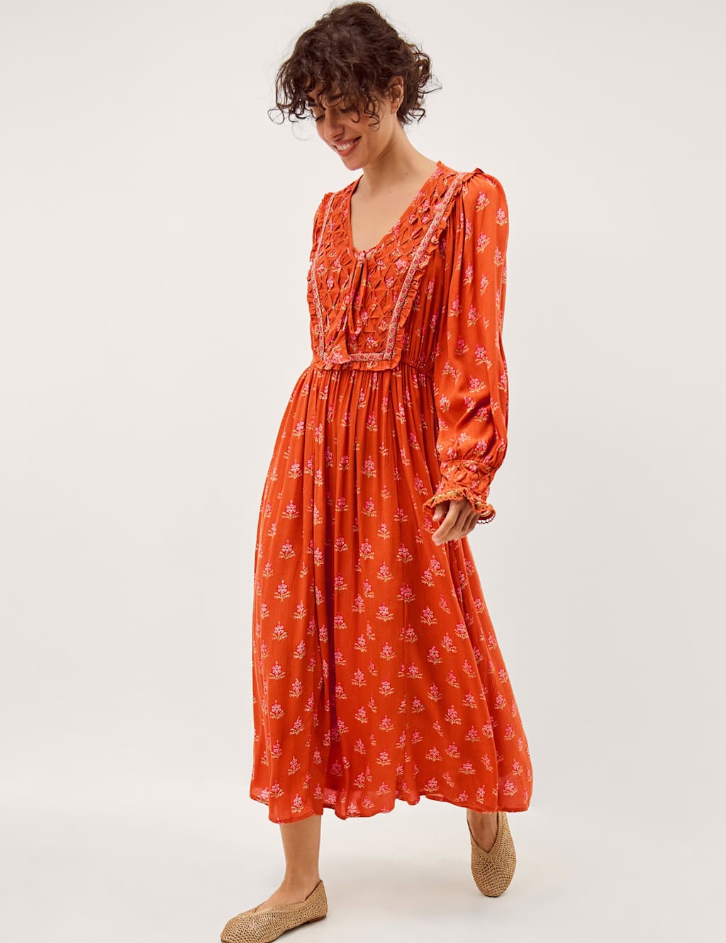 Monsoon Women's Printed V-Neck Midaxi Waisted Dress - Medium - Orange Mix - Available at M&S