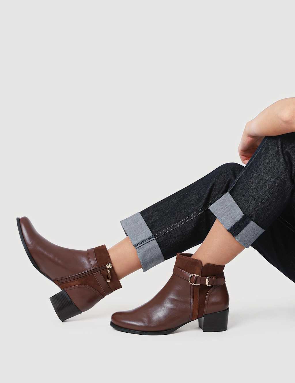 Jones Bootmaker Leather Block Heel Ankle Boots Brown