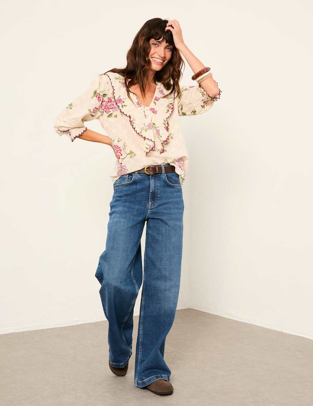 Fatface Women's Pure Cotton Frill Neck Floral Blouse - 12 - Ivory Mix - Available at M&S