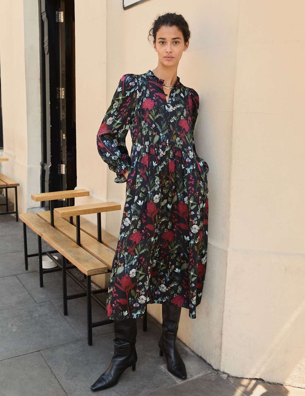 BAUKJEN Floral High Neck Midi Skater Dress Black Mix