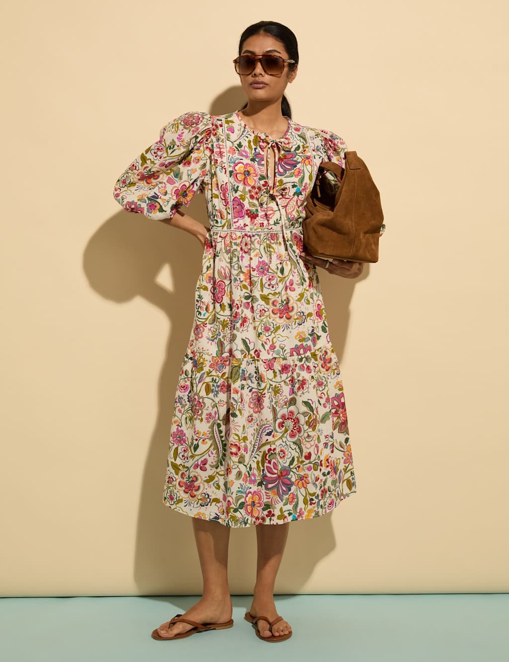 Pure Cotton Floral Midi Tiered Dress