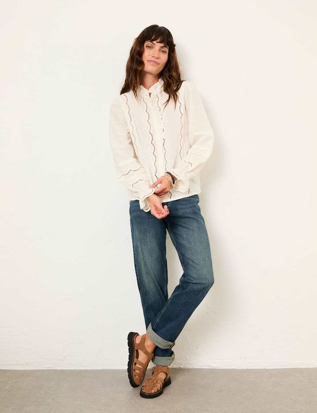 Fatface Women's Pure Cotton Broderie High Neck Blouse - 6 - Ivory - Available at M&S