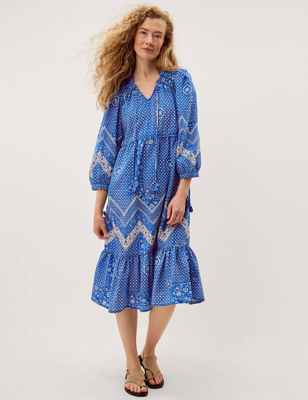 Monsoon Women's Printed V-Neck Midi Skater Dress - Large - Blue Mix - Available at M&S