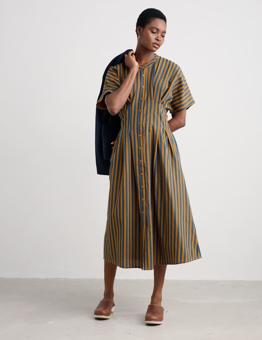 Seasalt Cornwall Pure Cotton Striped Midaxi Shirt Dress Brown Mix