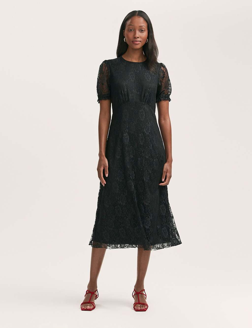 Finery London Women's Floral Lace Puff Sleeve Midi Skater Dress - 24 - Black - Available at M&S