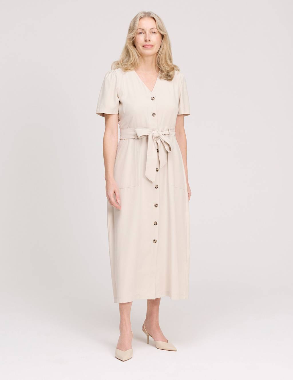 Finery London Women's V-Neck Button Through Midi Shirt Dress - 10 - Stone - Available at M&S