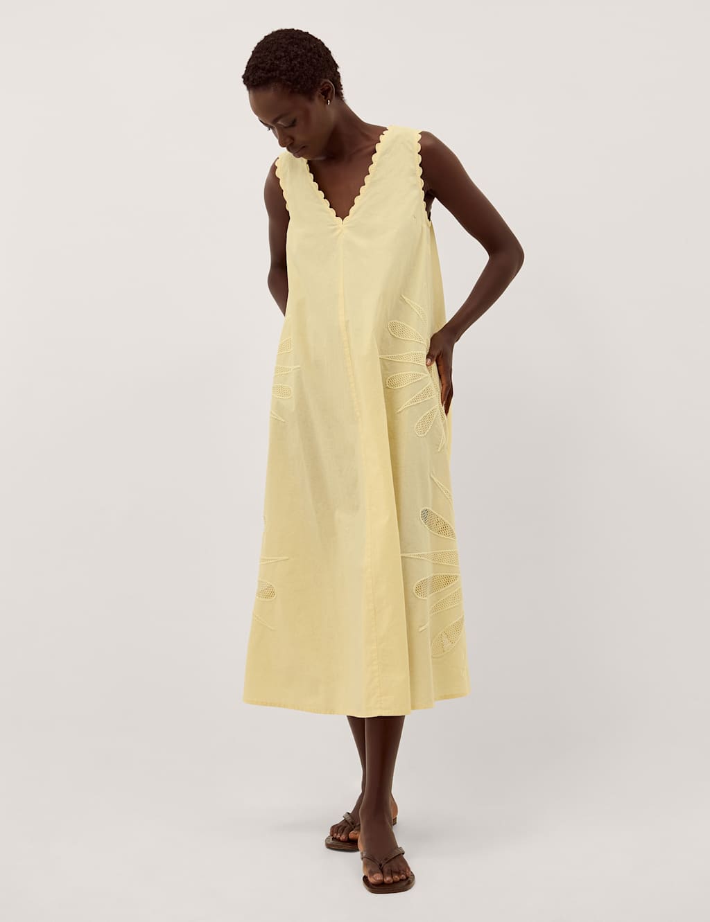 Monsoon Women's Pure Cotton V-Neck Cutwork Midi Swing Dress - Large - Yellow - Available at M&S