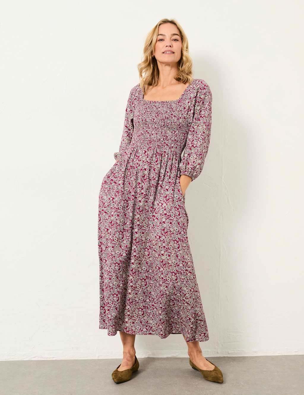 Fatface Women's Cotton Blend Floral Midi Skater Dress - 12 - Purple Mix - Available at M&S