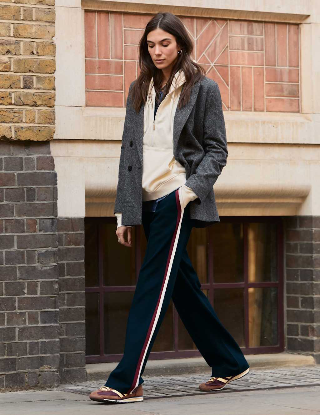 BAUKJEN Side Stripe Wide Leg Trousers Navy Mix