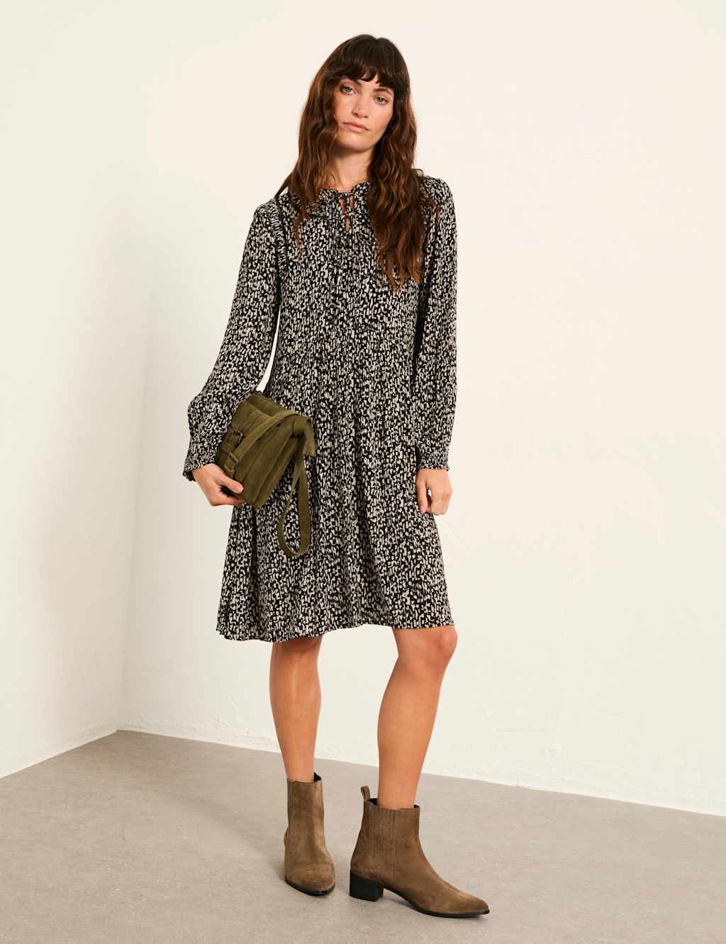 Fatface Women's Print Tie Neck Mini Smock Dress - 14 - Black Mix - Available at M&S