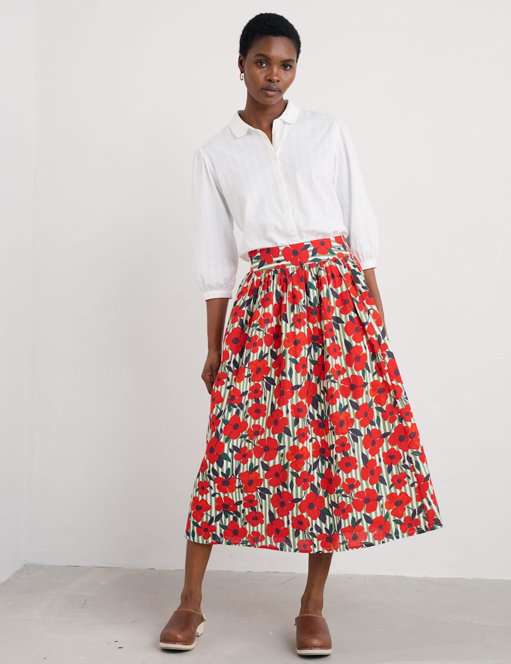 Seasalt Cornwall Pure Cotton Floral Midi A-Line Skirt Red Mix