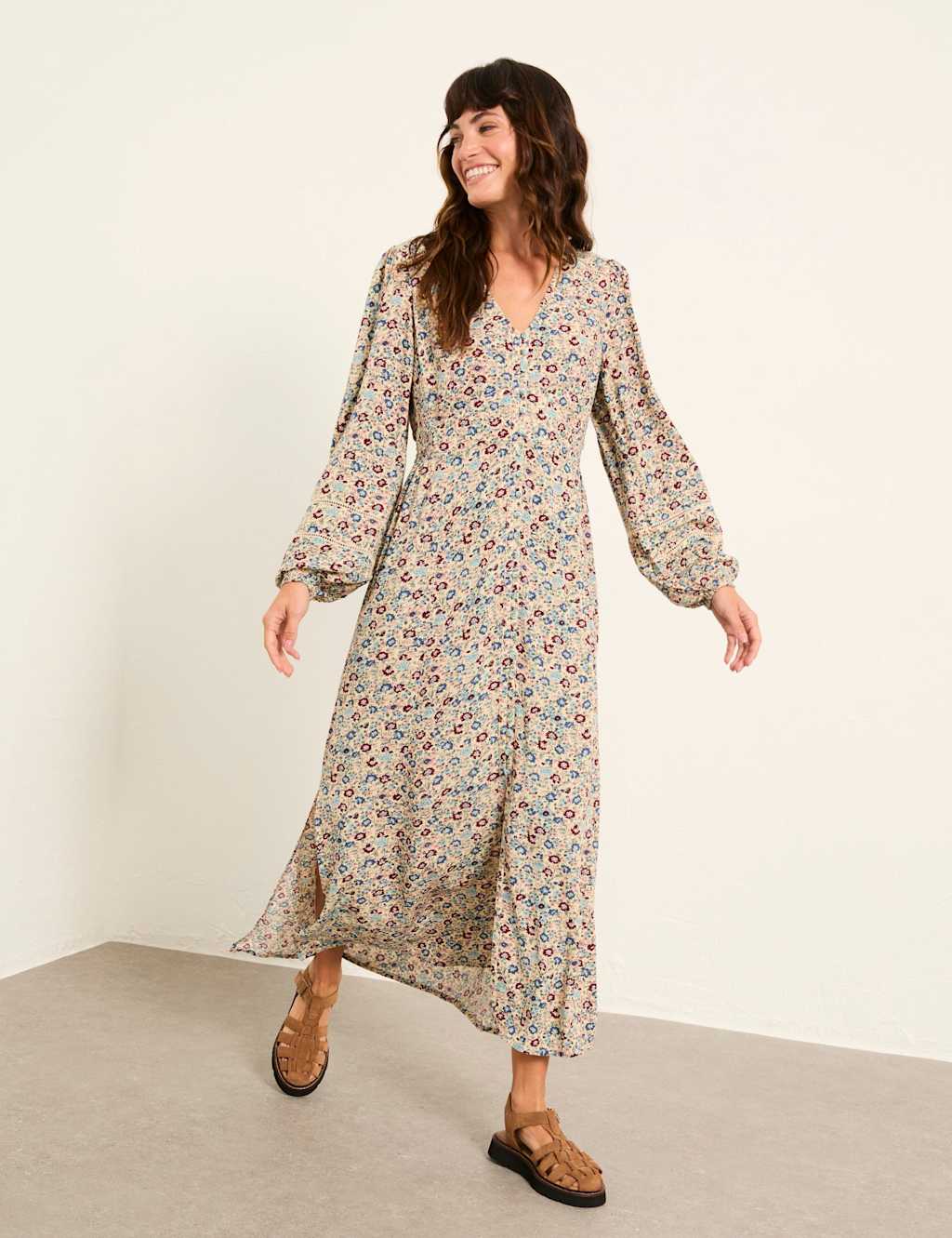 Fatface Women's Ditsy Floral V-Neck Midi Tea Dress - 12 - Ivory Mix - Available at M&S