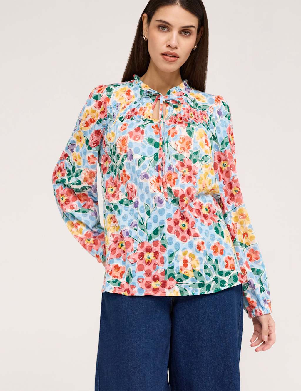 Finery London Women's Pure Cotton Floral Tie Neck Blouse - 12 - Blue Mix - Available at M&S