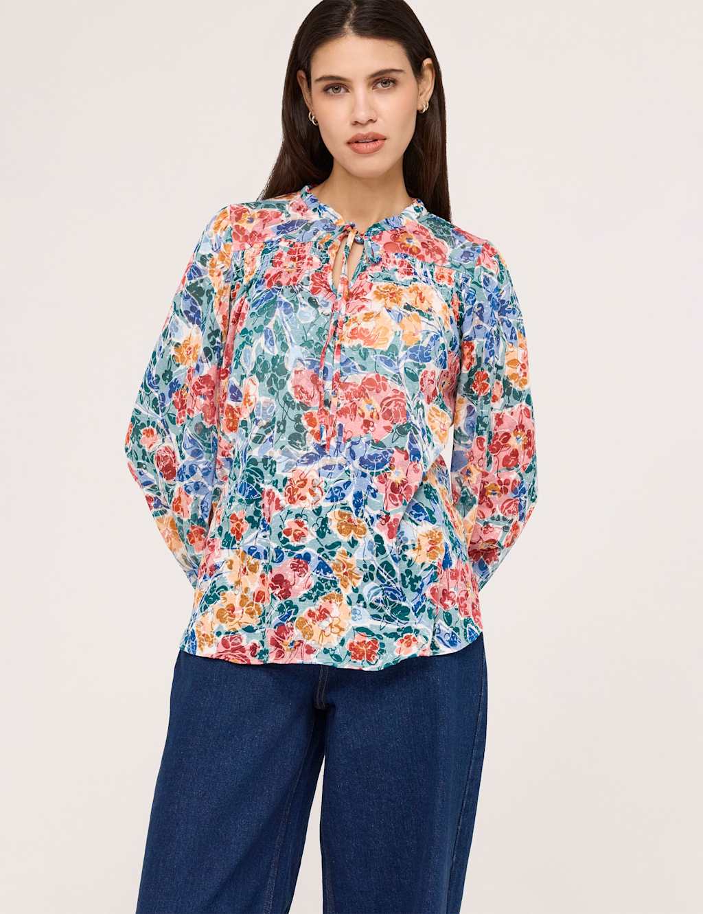 Finery London Women's Pure Cotton Floral Tie Neck Blouse - 10 - Green Mix - Available at M&S