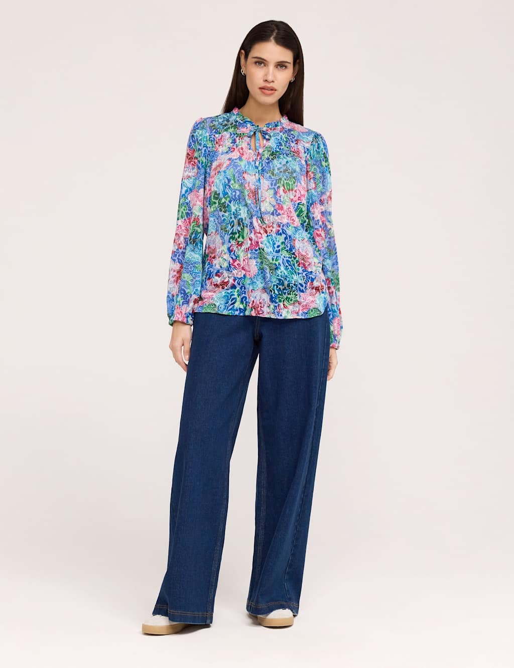 Finery London Women's Pure Cotton Floral Tie Neck Blouse - 12 - Indigo Mix - Available at M&S