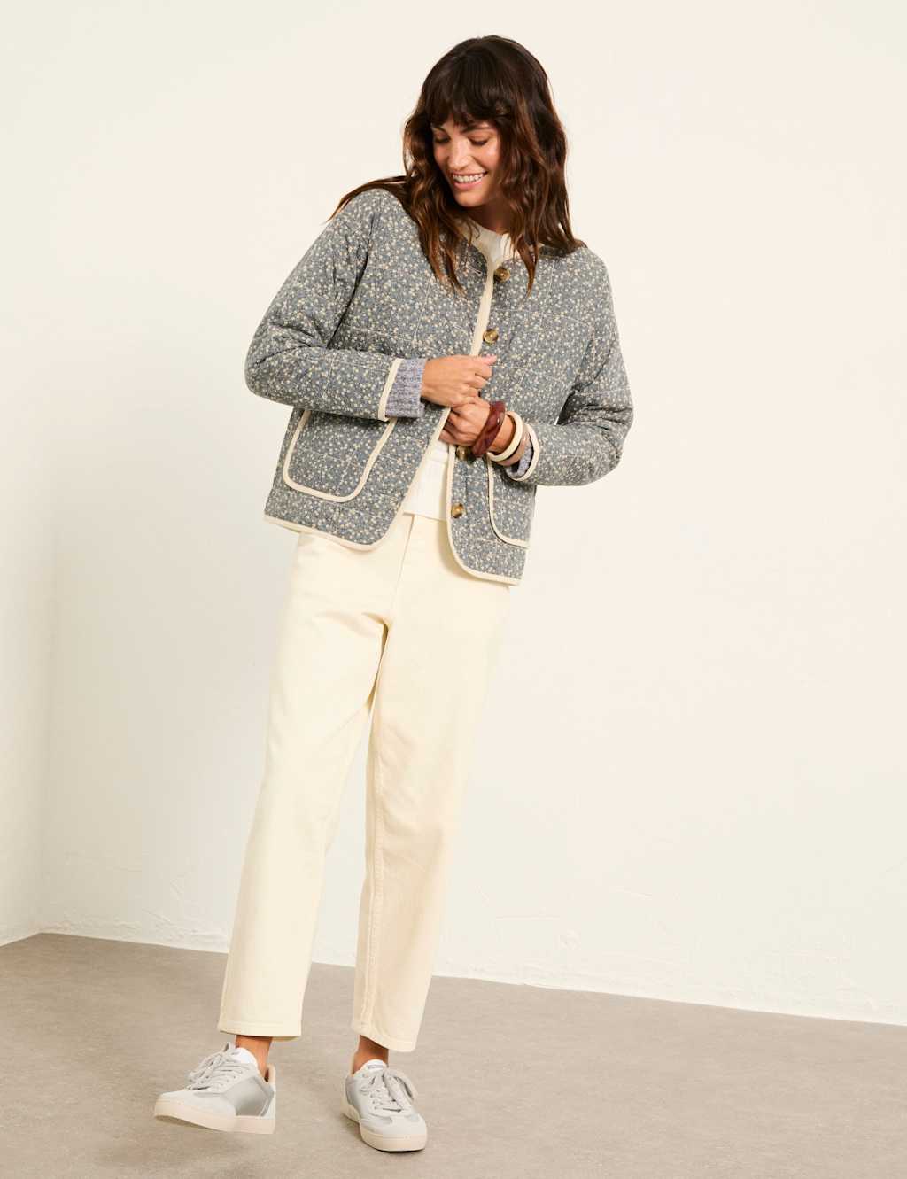 Fatface Women's Floral Quilted Collarless Jacket - 18 - Blue Mix - Available at M&S