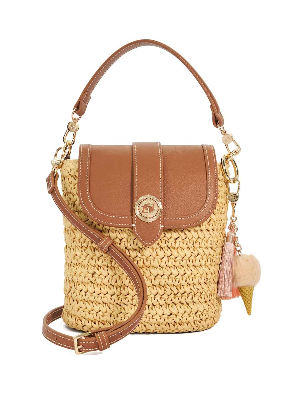 Raffia & Leather Top Handle Cross Body Bag