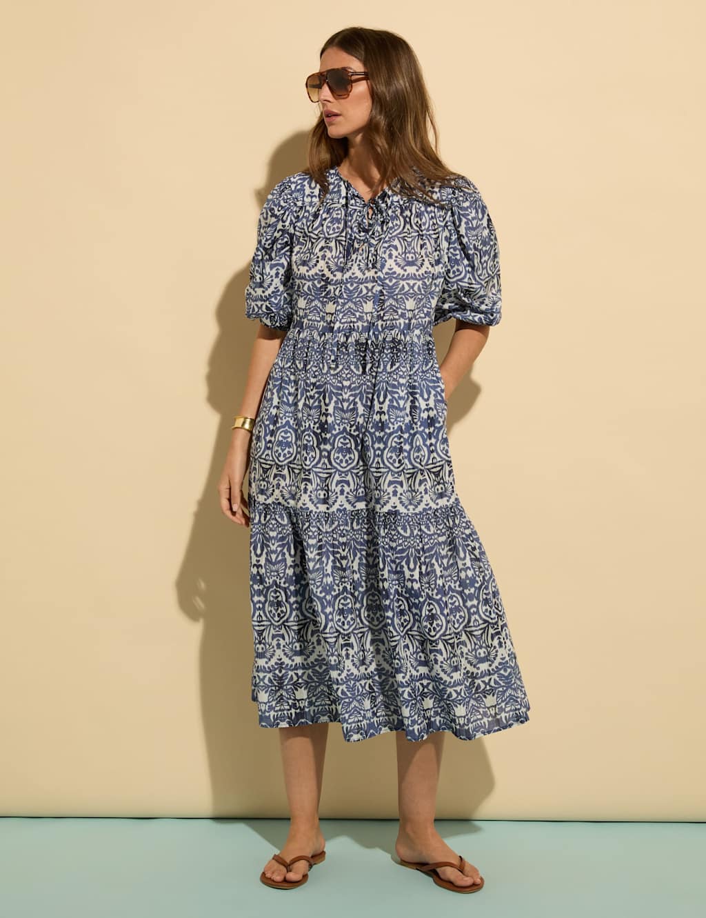 Pure Cotton Geometric Midi Tiered Dress