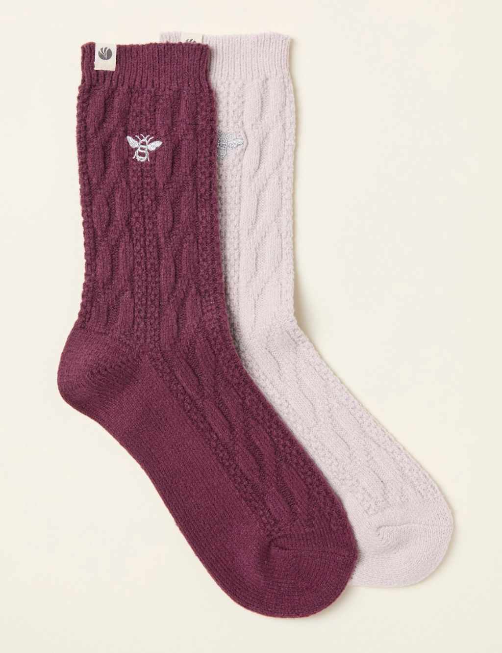 FatFace 2 Pack Cotton Rich Cable Bee Ankle Socks Burgundy Mix