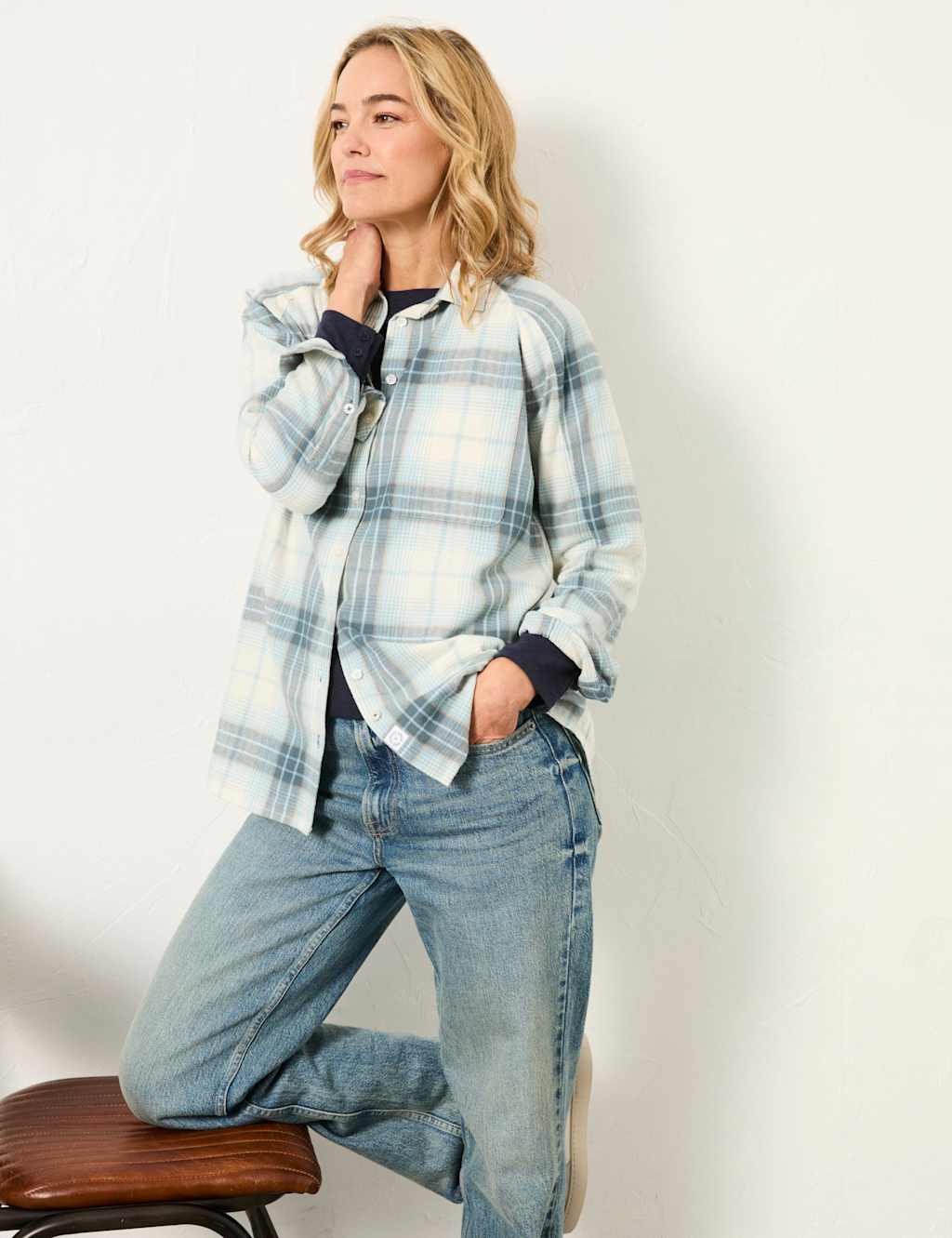 Fatface Women's Pure Cotton Checked Shirt - 14 - Light Blue Mix - Available at M&S