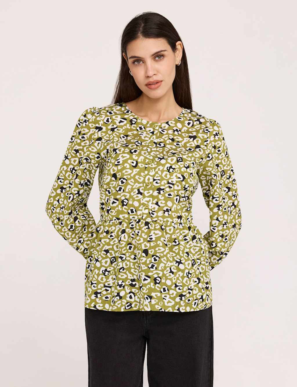 Finery London Women's Cotton Rich Printed Button Detail Top - 14 - Green Mix - Available at M&S