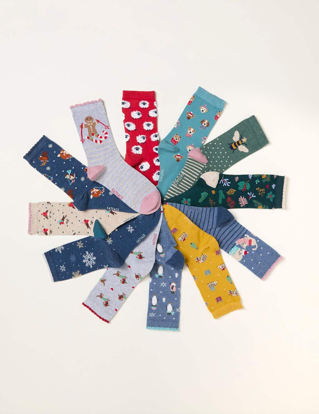 FatFace 12 Pack Cotton Rich Christmas Ankle High Socks Multi