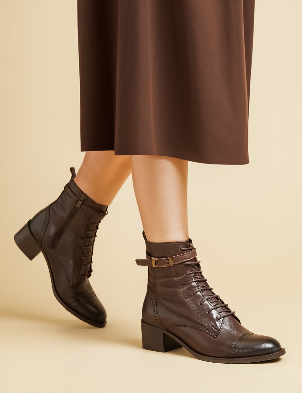Leather Lace Up Block Heel Ankle Boots